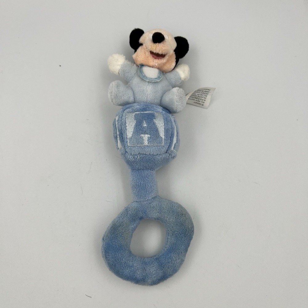 Vintage Disney Parks Blue Alphabet Block Mickey Mouse Baby Rattle 8" ABC